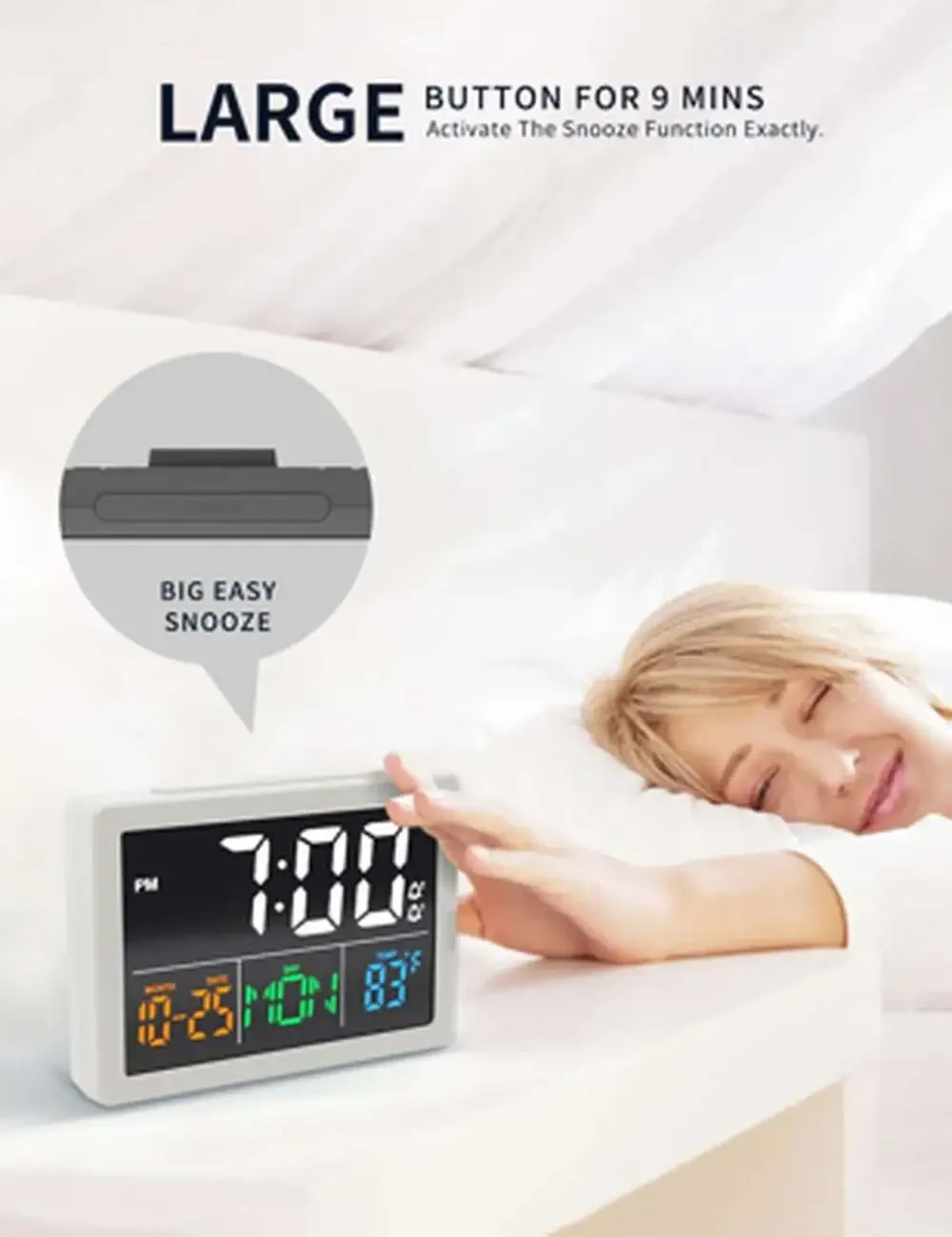 Digital Alarm Clock with Date and Temperature, 5.5 Inch HD Display, Dual USB